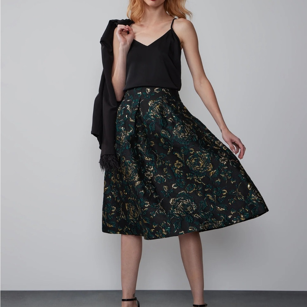 New York & Company Black and Gold Brocade A-Line Skirt